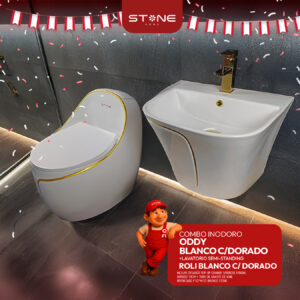 COMBO DE INODORO ODDY BLANCO C/DORADO + LAVATORIO SEMI-STANDING ROLI BLANCO C/DORADO + DESAGUE POP UP GRANDE S/REBOSE P/BOWL DORADO 18CM *INCLUYE TUBO DE ABASTO DE VINIL REFORZADO F1/2*M1/2 BRONCE STONE*
