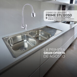 COMBO DE LAVADERO PRIME STL12050 + LLAVE P/COCINA A LA PARED LAURENT STW-03 + DESAGÜE C/TRAMPA DE 1.5" PARA LAVADERO DE DOBLE POZA MODELO PREMIUM STONE
