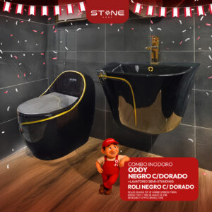 COMBO DE INODORO ODDY NEGRO C/DORADO + LAVATORIO SEMI-STANDING ROLI NEGRO C/ DORADO + DESAGUE POP UP GRANDE S/REBOSE P/BOWL DORADO 18CM *INCLUYE TUBO DE ABASTO DE VINIL REFORZADO F1/2*M1/2 BRONCE STONE*