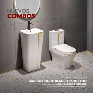 COMBO DE INODORO HANK REDONDO BLANCO C/ DORADO + LAVATORIO STANDING GAIL BLANCO C/DORADO + DESAGUE POP UP GRANDE S/REBOSE P/BOWL DORADO 18CM *INCLUYE TUBO DE ABASTO DE VINIL REFORZADO F1/2*M1/2 BRONCE STONE*
