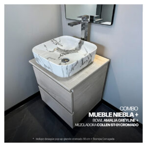 COMBO MUEBLE NIEBLA + BOWL AMALIA GREYLINE + MEZCLADORA COLLEN ST-01 + DESAGUE POP UP GRANDE CROMADO S/REBOSE + TRAMPA CORRUGADA UNIVERSAL PVC STONE