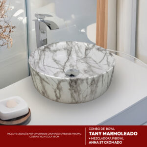 COMBO BOWL TANY MARMOLEADO + MEZCLADORA P/BOWL ANNA ST CROMADO + DESAGUE POP UP GRANDE CROMADO S/REBOSE P/BOWL CUERPO 10CM COLA 18 CM STONE