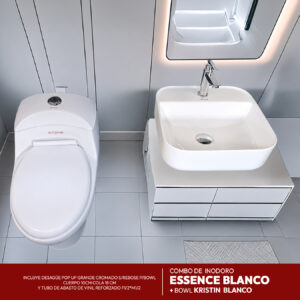 COMBO DE INODORO ESSENCE BLANCO + BOWL KRISTIN BLANCO + DESAGUE POP UP GRANDE CROMADO S/REBOSE P/BOWL CUERPO 10CM COLA 18 CM STONE *INCLUYE TUBO DE ABASTO DE ALUMINIO REFORZADO F1/2* M1/2 RUMI*