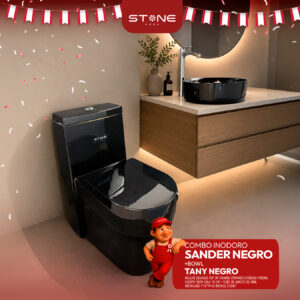 COMBO DE INODORO SANDER NEGRO + BOWL TANY NEGRO + DESAGUE POP UP GRANDE CROMADO S/REBOSE P/BOWL CUERPO 10CM COLA 18 CM *INCLUYE TUBO DE ABASTO DE VINIL REFORZADO F1/2*M1/2 BRONCE STONE*