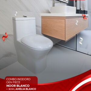COMBO DE INODORO NOOR BLANCO + BOWL AMELIA BLANCO + DESAGUE POP UP GRANDE CROMADO S/REBOSE P/BOWL CUERPO 10CM COLA 18 CM *INCLUYE TUBO DE ABASTO DE VINIL REFORZADO F1/2*M1/2 BRONCE STONE*