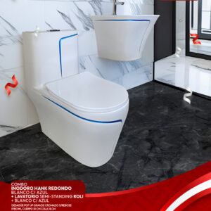 COMBO DE INODORO HANK REDONDO BLANCO C/ AZUL + LAVATORIO SEMI-STANDING ROLI BLANCO C/ AZUL STONE + DESAGUE POP UP GRANDE CROMADO S/REBOSE P/BOWL CUERPO 10CM COLA 18 CM *INCLUYE TUBO DE ABASTO DE VINIL REFORZADO F1/2*M1/2 BRONCE STONE*