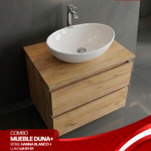 COMBO MUEBLE DUNA + BOWL HANNA BLANCO + LLAVE LIA ST-01 + DESAGUE POP UP GRANDE CROMADO S/REBOSE P/BOWL CUERPO 10CM COLA 18 CM + TRAMPA CORRUGADA UNIVERSAL PVC STONE