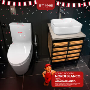 COMBO DE INODORO NORDI BLANCO + BOWL AMALIA BLANCO + DESAGUE POP UP GRANDE CROMADO S/REBOSE P/BOWL CUERPO 10CM COLA 18 CM *INCLUYE TUBO DE ABASTO DE VINIL REFORZADO F1/2*M1/2 BRONCE STONE*