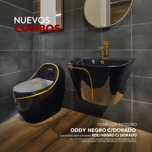COMBO DE INODORO ODDY NEGRO C/DORADO + LAVATORIO SEMI-STANDING ROLI NEGRO C/ DORADO + DESAGUE POP UP GRANDE S/REBOSE P/BOWL DORADO 18CM *INCLUYE TUBO DE ABASTO DE VINIL REFORZADO F1/2*M1/2 BRONCE STONE*