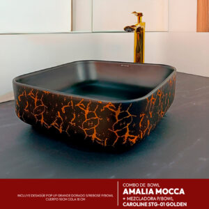 COMBO BOWL AMALIA MOCCA + MEZCLADORA P/BOWL CAROLINE STG-01 GOLDEN + DESAGUE POP UP GRANDE DORADO S/REBOSE P/BOWL CUERPO 10CM COLA 18 CM STONE