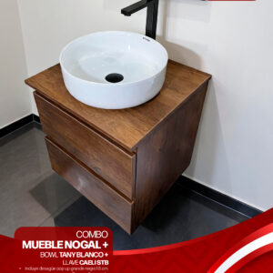 COMBO MUEBLE NOGAL + TANY BLANCO + LLAVE CAELI STB + DESAGUE POP UP GRANDE NEGRO S/REBOSE P/BOWL CUERPO 10CM COLA 18 CM + TRAMPA CORRUGADA UNIVERSAL PVC STONE