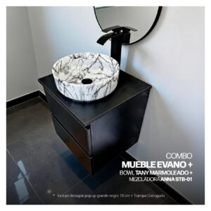COMBO MUEBLE EVANO + BOWL TANY MARMOLEADO + MEZCLADORA P/BOWL ANNA STB-01  + DESAGUE POP UP GRANDE NEGRO S/REBOSE  + TRAMPA CORRUGADA UNIVERSAL PVC STONE (OFERTA)