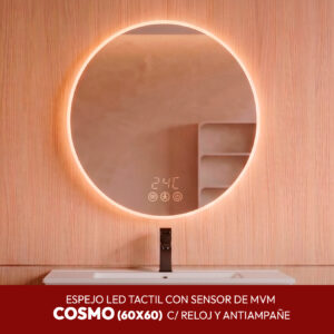 ESPEJO LED TACTIL CON SENSOR DE MVM COSMO C/ RELOJ Y ANTIAMPAÑE 60X60CM STONE