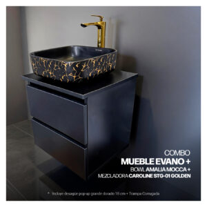 COMBO MUEBLE EVANO + BOWL AMALIA MOCCA + MEZCLADORA CAROLINE STG + DESAGUE POP UP GRANDE DORADO S/REBOSE  + TRAMPA CORRUGADA UNIVERSAL PVC STONE