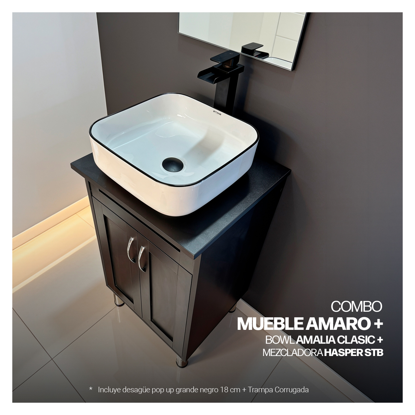 COMBO MUEBLE AMARO + BOWL AMALIA CLASIC + MEZCLADORA HASPER STB + DESAGUE POP UP GRANDE NEGRO S/REBOSE + TRAMPA CORRUGADA UNIVERSAL PVC STONE (OFERTA)