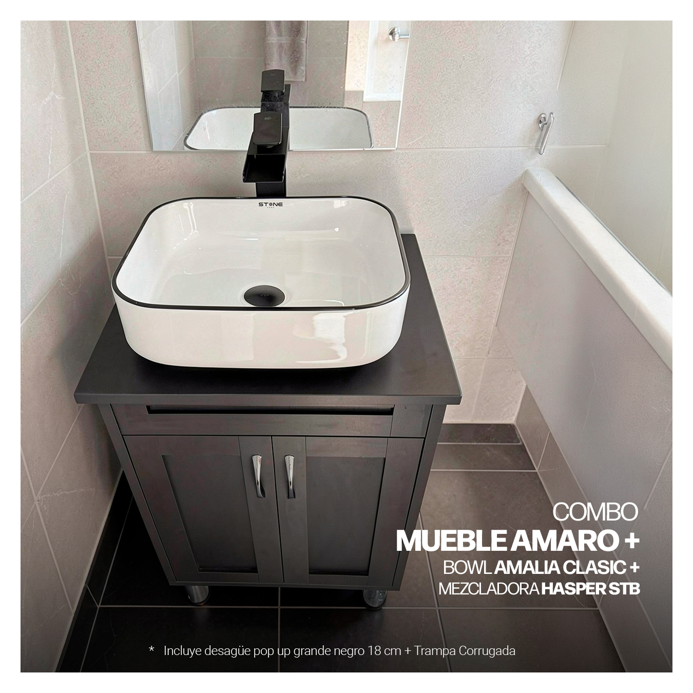 COMBO MUEBLE AMARO + BOWL AMALIA CLASIC + MEZCLADORA HASPER STB + DESAGUE POP UP GRANDE NEGRO S/REBOSE + TRAMPA CORRUGADA UNIVERSAL PVC STONE (OFERTA) - Imagen 3
