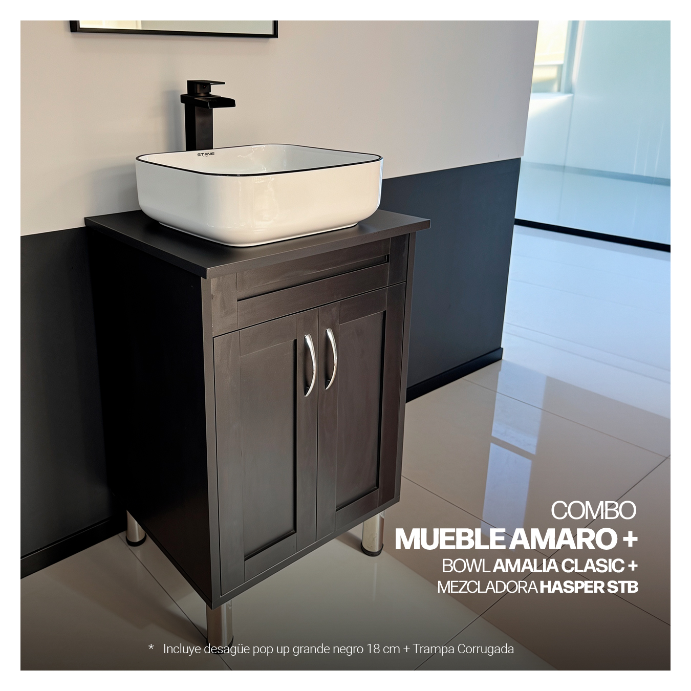 COMBO MUEBLE AMARO + BOWL AMALIA CLASIC + MEZCLADORA HASPER STB + DESAGUE POP UP GRANDE NEGRO S/REBOSE + TRAMPA CORRUGADA UNIVERSAL PVC STONE (OFERTA) - Imagen 2