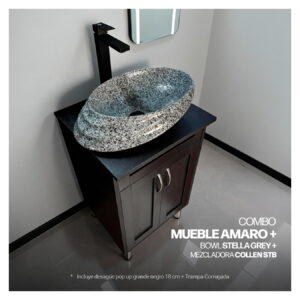 COMBO MUEBLE AMARO + BOWL STELLA GREY + MEZCLADORA COLLEN STB + DESAGUE POP UP GRANDE NEGRO S/REBOSE + TRAMPA CORRUGADA UNIVERSAL PVC STONE
