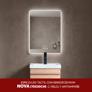 ESPEJO LED TACTIL CON SENSOR DE MVM NOVA C/ RELOJ Y ANTIAMPAÑE 70X50CM STONE