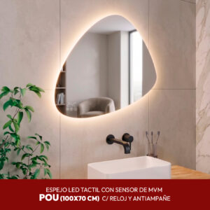 ESPEJO LED TACTIL CON SENSOR DE MVM POU C/ RELOJ Y ANTIAMPAÑE 100X70CM STONE