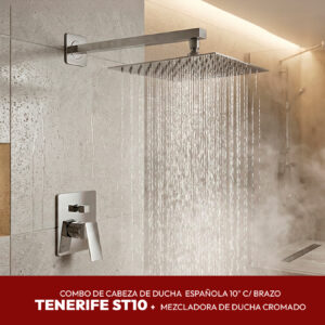COMBO DE CABEZA DE DUCHA ESPAÑOLA 10" C/ BRAZO TENERIFE ST10 + MEZCLADORA DE DUCHA CROMADO STONE