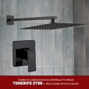 COMBO DE CABEZA DE DUCHA ESPAÑOLA 8" C/ BRAZO TENERIFE STB8 + MEZCLADORA DE DUCHA BLACK STONE