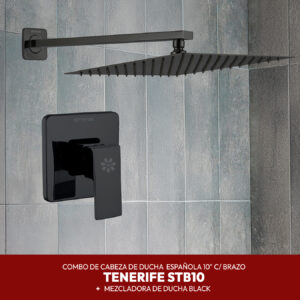 COMBO DE CABEZA DE DUCHA ESPAÑOLA 10" C/ BRAZO TENERIFE STB10 + MEZCLADORA DE DUCHA BLACK STONE