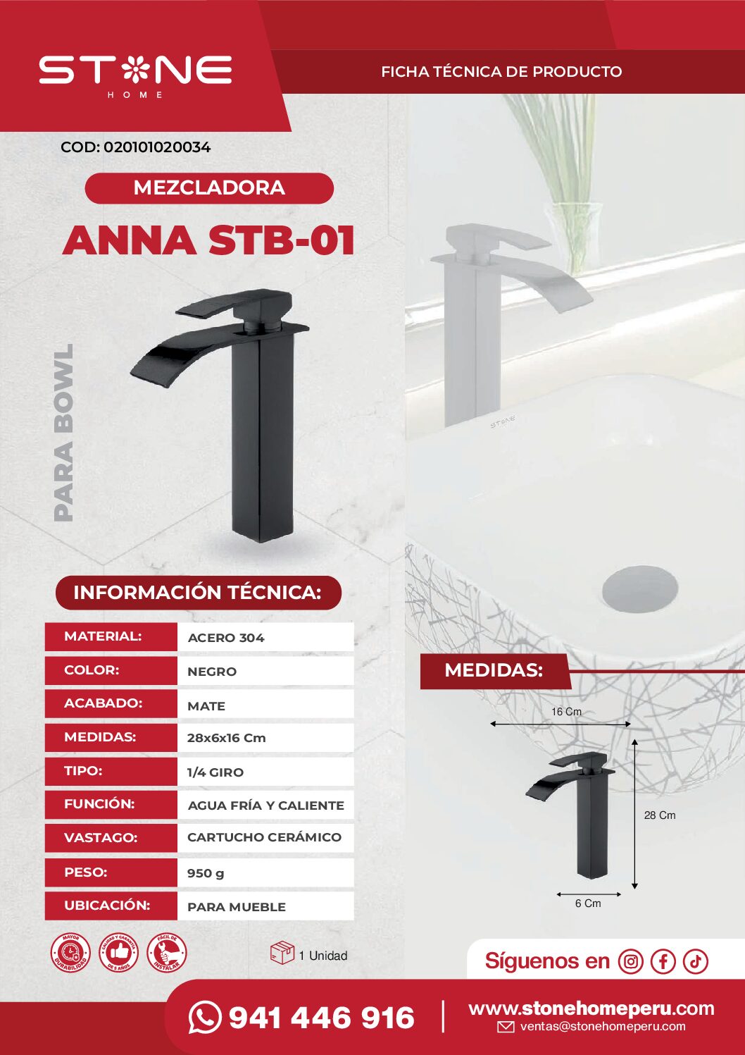 COMBO MUEBLE NOGAL + BOWL AMALIA NEGRO + MEZCLADORA ANNA STB + DESAGUE POP UP GRANDE NEGRO S/REBOSE + TRAMPA CORRUGADA UNIVERSAL PVC STONE - Imagen 6