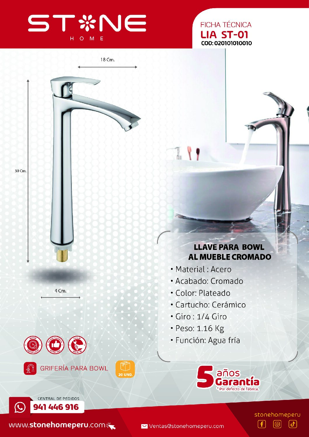 COMBO MUEBLE EVANO + BOWL RUSTIC LINE MARMOLEADO + LLAVE LIA ST-01 CROMADO + DESAGUE POP UP GRANDE CROMADO S/REBOSE + TRAMPA CORRUGADA UNIVERSAL PVC STONE (OFERTA) - Imagen 6