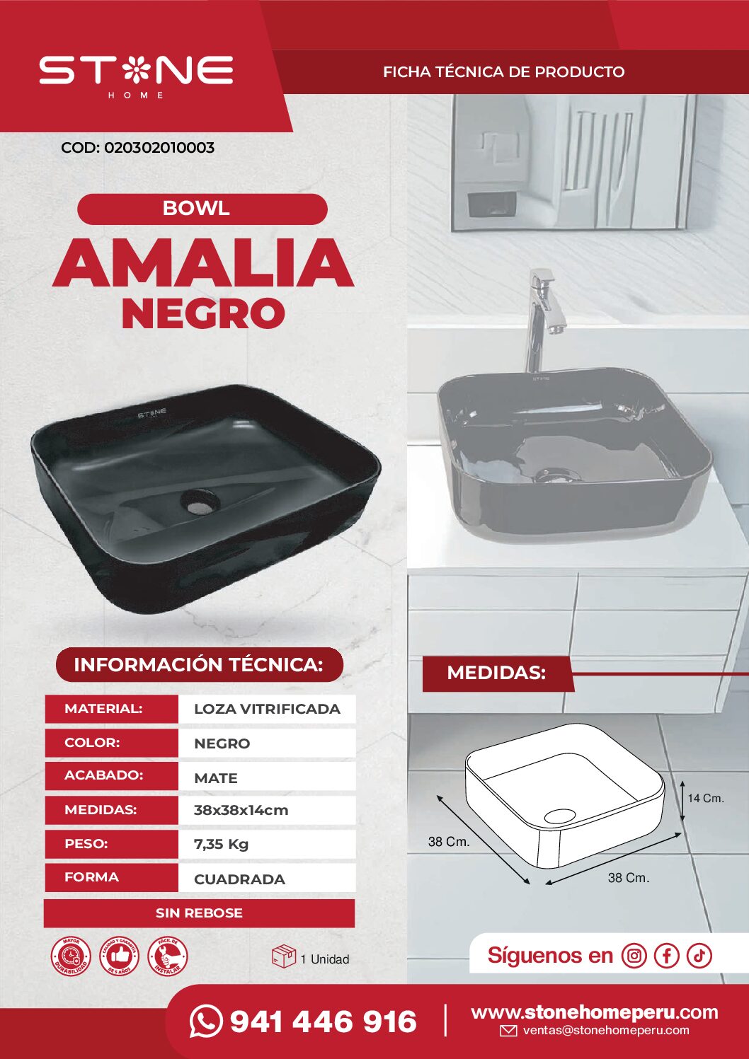 COMBO MUEBLE NOGAL + BOWL AMALIA NEGRO + MEZCLADORA ANNA STB + DESAGUE POP UP GRANDE NEGRO S/REBOSE + TRAMPA CORRUGADA UNIVERSAL PVC STONE - Imagen 7