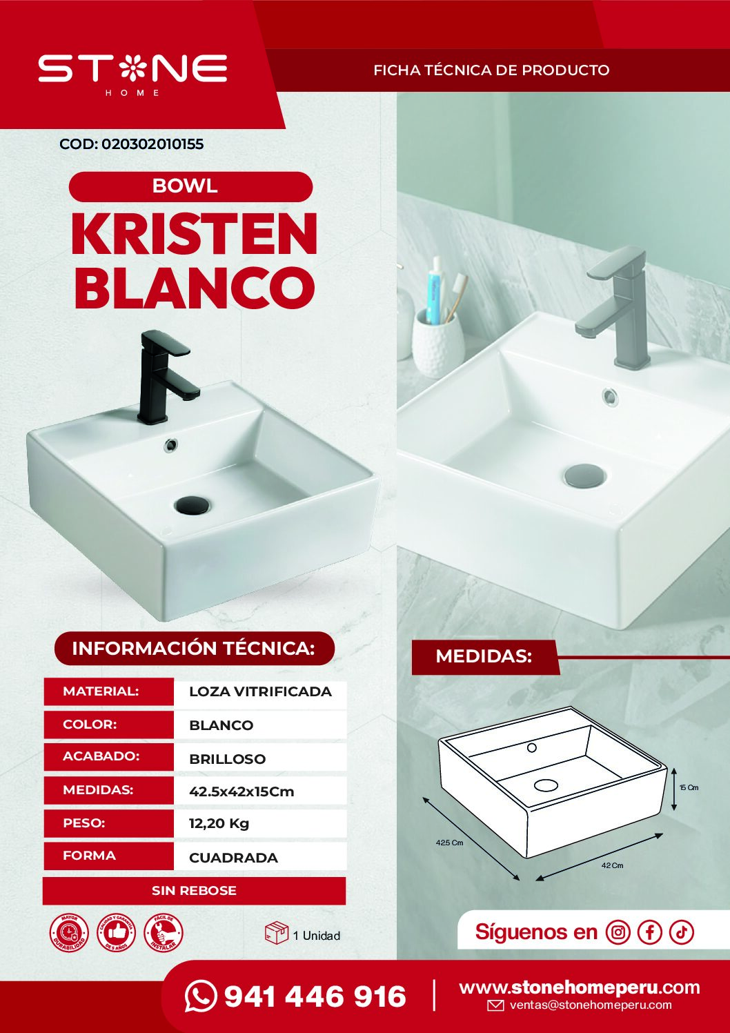 COMBO MUEBLE GALES + BOWL KRISTEN BLANCO + LLAVE P/LAVATORIO CHELSEA ST-01 + DESAGUE POP UP GRANDE CROMADO + TRAMPA CORRUGADA UNIVERSAL PVC STONE - Imagen 7