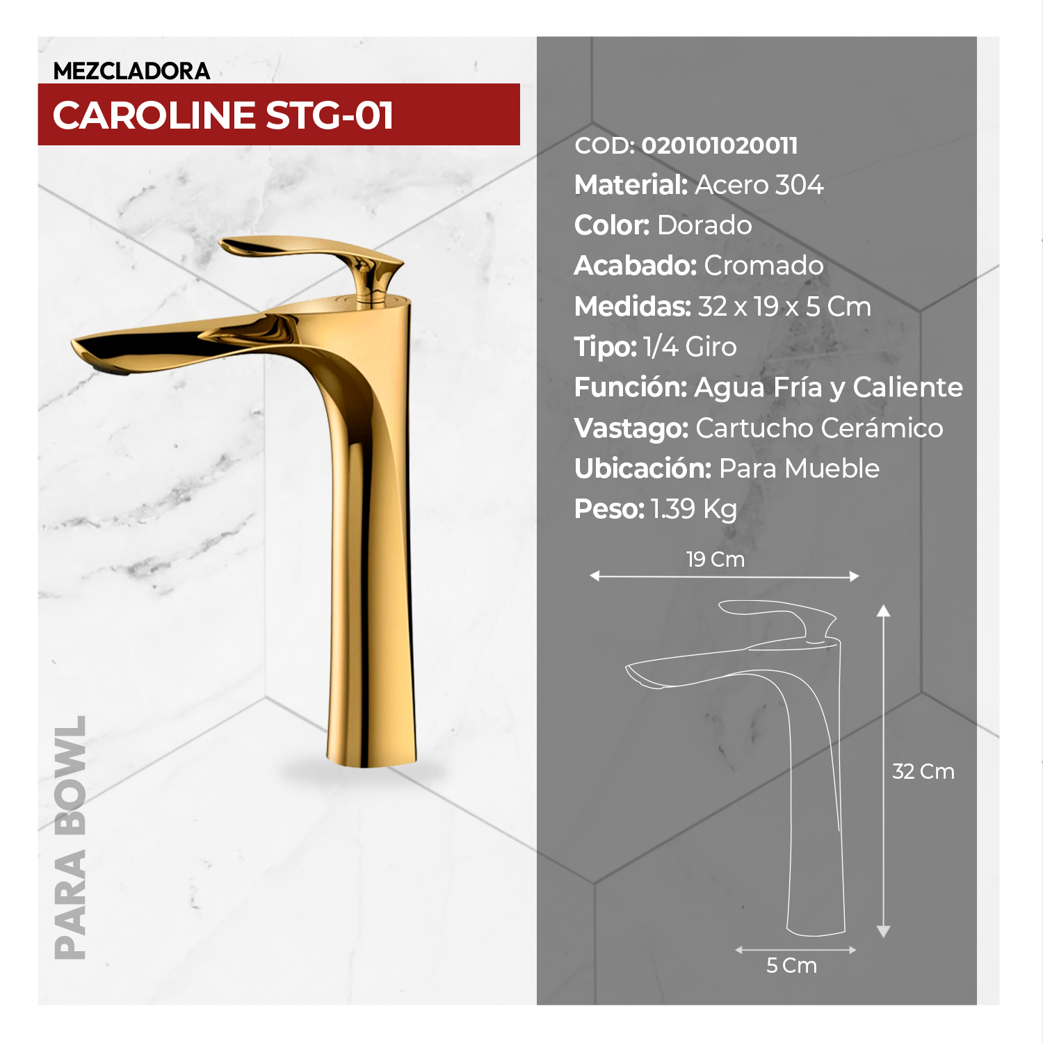 COMBO MUEBLE GALES + BOWL AMALIA BONE + MEZCLADORA P/BOWL CAROLINE STG-01 + DESAGUE POP UP GRANDE DORADO S/REBOSE + TRAMPA CORRUGADA UNIVERSAL PVC STONE - Imagen 6