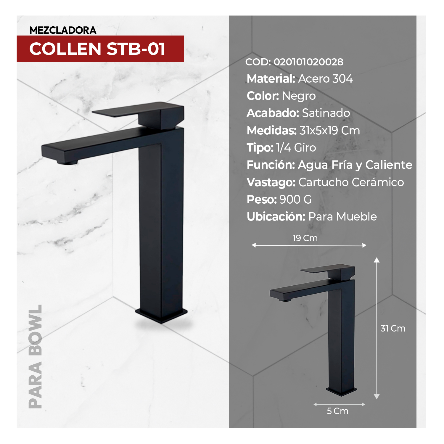 COMBO MUEBLE ONIX + BOWL AMALIA THASOS+ MEZCLADORA COLLEN STB + DESAGUE POP UP GRANDE NEGRO S/REBOSE + TRAMPA CORRUGADA UNIVERSAL PVC STONE - Imagen 5