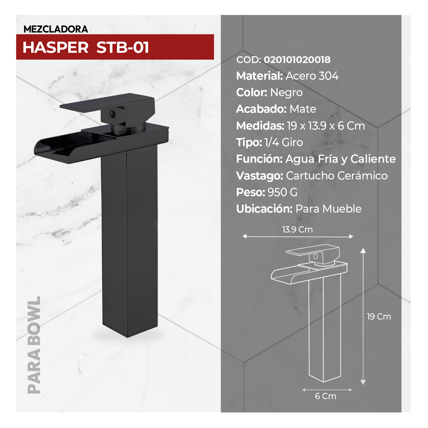 COMBO MUEBLE AMARO + BOWL AMALIA CLASIC + MEZCLADORA HASPER STB + DESAGUE POP UP GRANDE NEGRO S/REBOSE + TRAMPA CORRUGADA UNIVERSAL PVC STONE (OFERTA) - Imagen 6