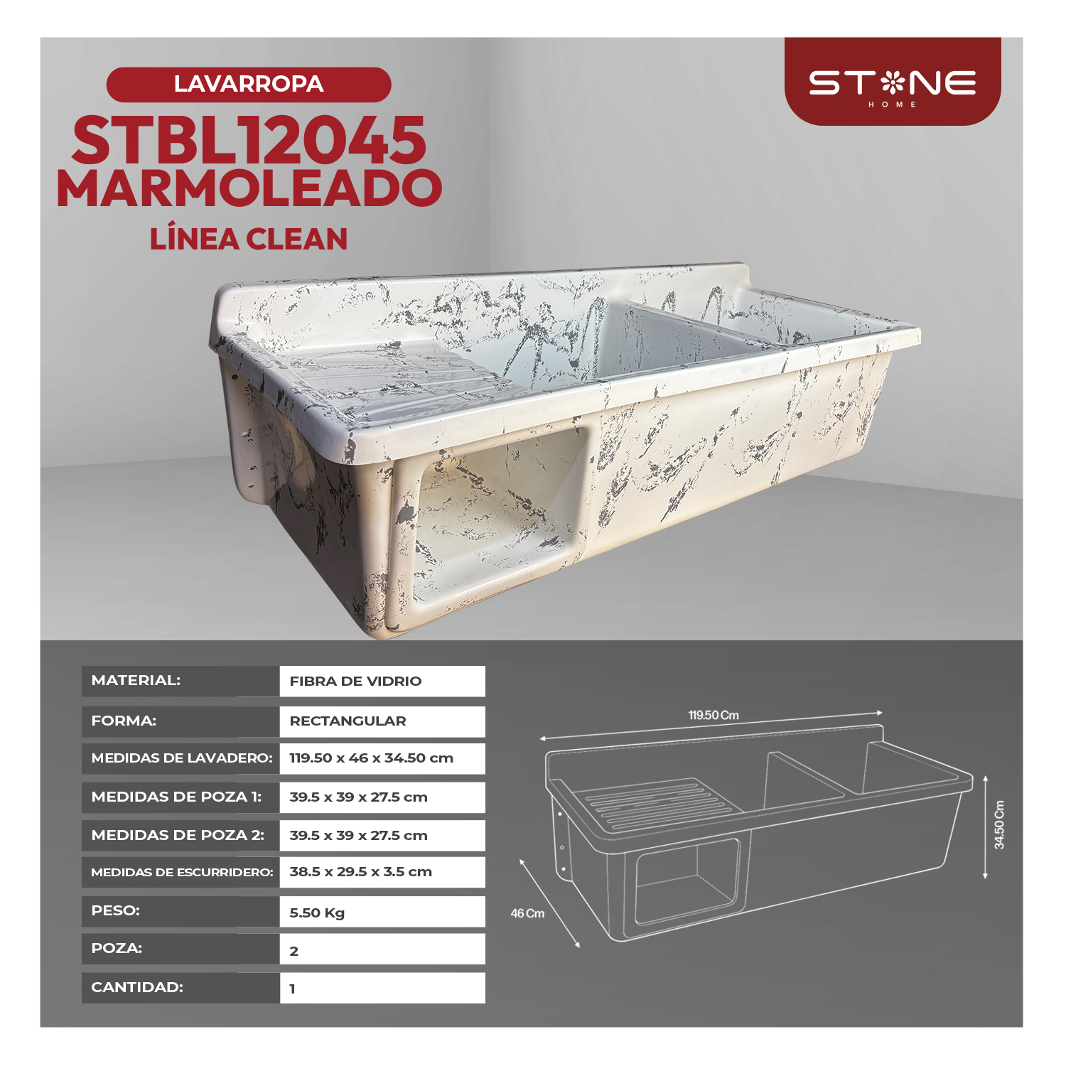 COMBO LAVADERO DE FIBRA DE VIDRIO STBL12045 MARMOLEADO + LLAVE ASIRI R-02 RUMI + DESAGÜE C/TRAMPA CORRUGADA *KIT DE INSTALACIÓN STONE - Imagen 2