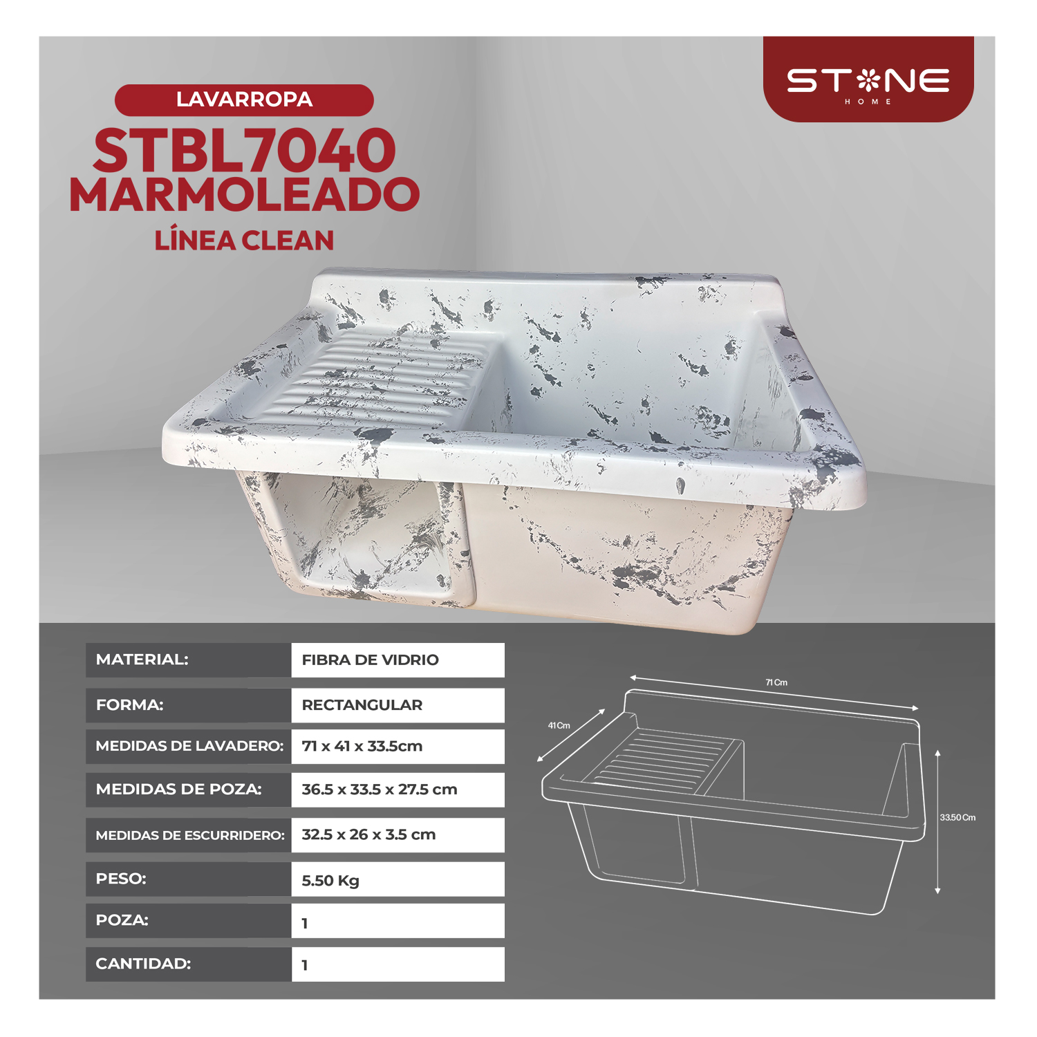 COMBO LAVADERO DE FIBRA DE VIDRIO STBL7040 MARMOLEADO + LLAVE LAURENT STW-03 + DESAGÜE C/TRAMPA CORRUGADA *KIT DE INSTALACIÓN STONE - Imagen 3
