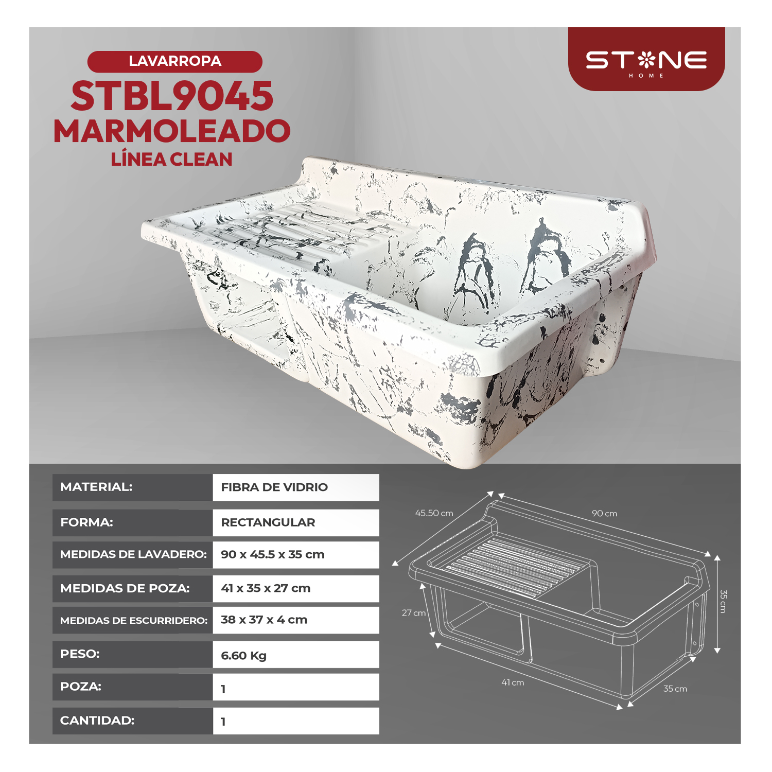 COMBO LAVADERO DE FIBRA DE VIDRIO STBL9045 MARMOLEADO + LLAVE ASIRI R-02 RUMI + DESAGÜE C/TRAMPA CORRUGADA *KIT DE INSTALACIÓN STONE - Imagen 3