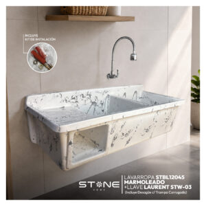 COMBO LAVADERO DE FIBRA DE VIDRIO STBL12045 MARMOLEADO + LLAVE LAURENT STW-03 + DESAGÜE C/TRAMPA CORRUGADA *KIT DE INSTALACIÓN STONE