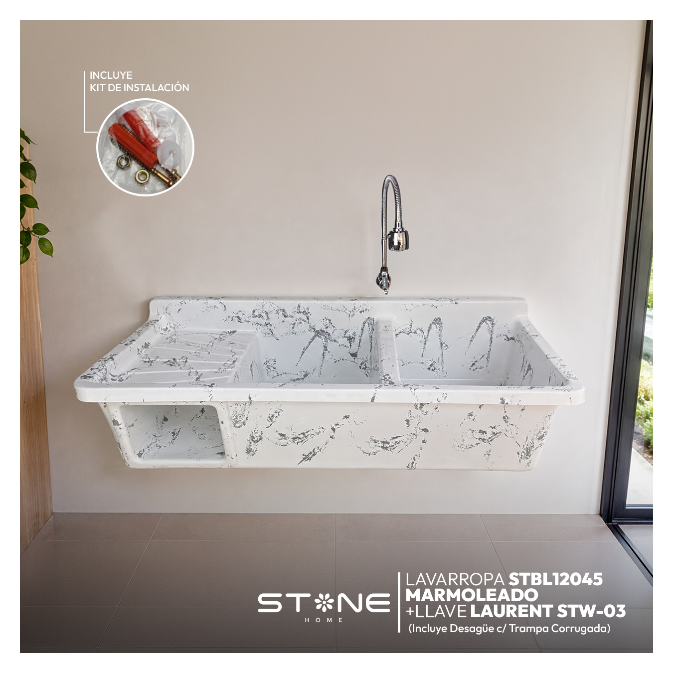 COMBO LAVADERO DE FIBRA DE VIDRIO STBL12045 MARMOLEADO + LLAVE LAURENT STW-03 + DESAGÜE C/TRAMPA CORRUGADA *KIT DE INSTALACIÓN STONE - Imagen 2