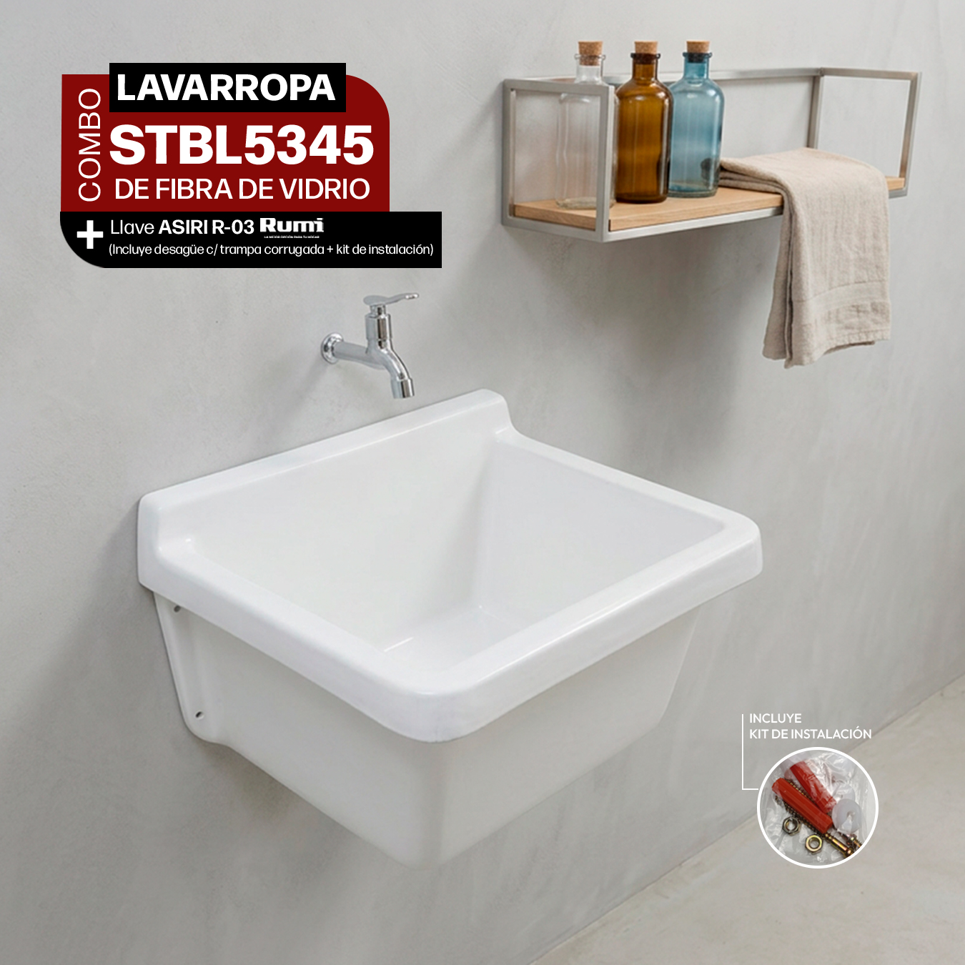 COMBO LAVARROPAS DE FIBRA DE VIDRIO STBL5345 + LLAVE ASIRI R-03 RUMI + DESAGÜE C/TRAMPA CORRUGADA *KIT DE INSTALACIÓN STONE