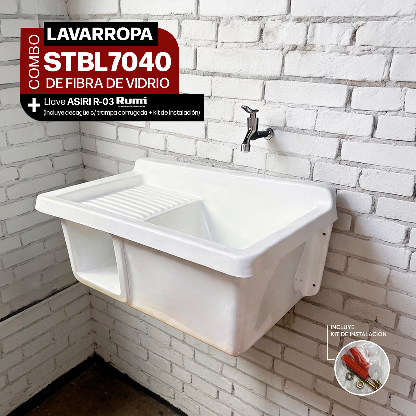 COMBO LAVARROPAS DE FIBRA DE VIDRIO STBL7040+ LLAVE ASIRI R-03 RUMI + DESAGÜE C/TRAMPA CORRUGADA *KIT DE INSTALACIÓN STONE