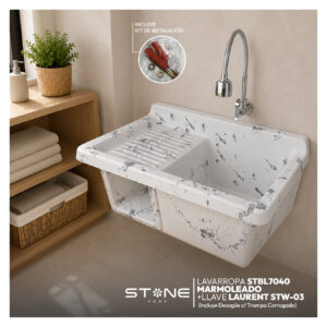COMBO LAVADERO DE FIBRA DE VIDRIO STBL7040 MARMOLEADO + LLAVE LAURENT STW-03 + DESAGÜE C/TRAMPA CORRUGADA *KIT DE INSTALACIÓN STONE