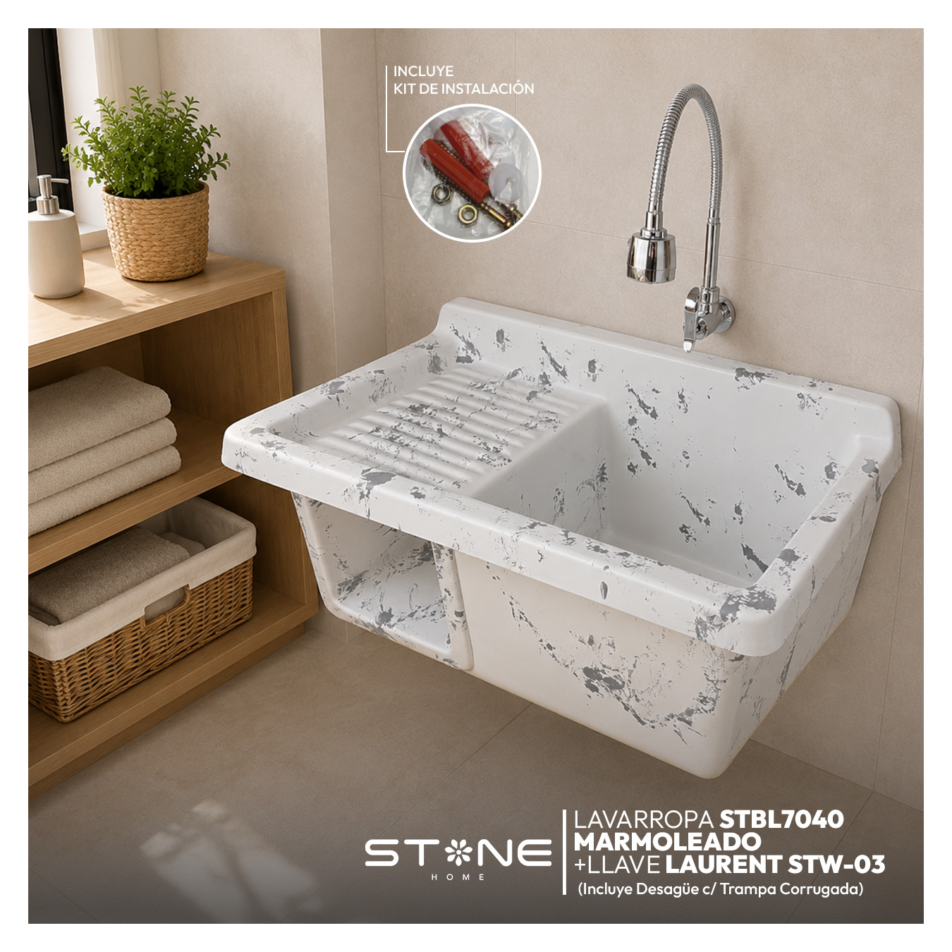 COMBO LAVADERO DE FIBRA DE VIDRIO STBL7040 MARMOLEADO + LLAVE LAURENT STW-03 + DESAGÜE C/TRAMPA CORRUGADA *KIT DE INSTALACIÓN STONE
