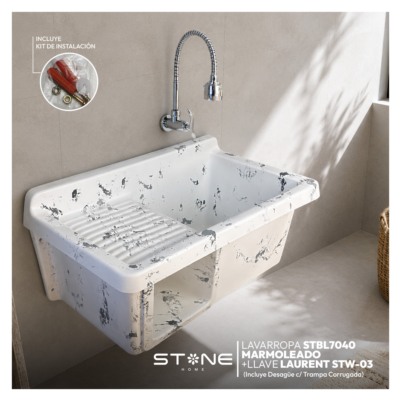 COMBO LAVADERO DE FIBRA DE VIDRIO STBL7040 MARMOLEADO + LLAVE LAURENT STW-03 + DESAGÜE C/TRAMPA CORRUGADA *KIT DE INSTALACIÓN STONE - Imagen 2