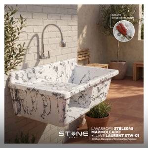 COMBO LAVADERO DE FIBRA DE VIDRIO STBL8045 MARMOLEADO + LLAVE LAURENT STW-01 STONE + DESAGÜE C/TRAMPA CORRUGADA *KIT DE INSTALACIÓN STONE