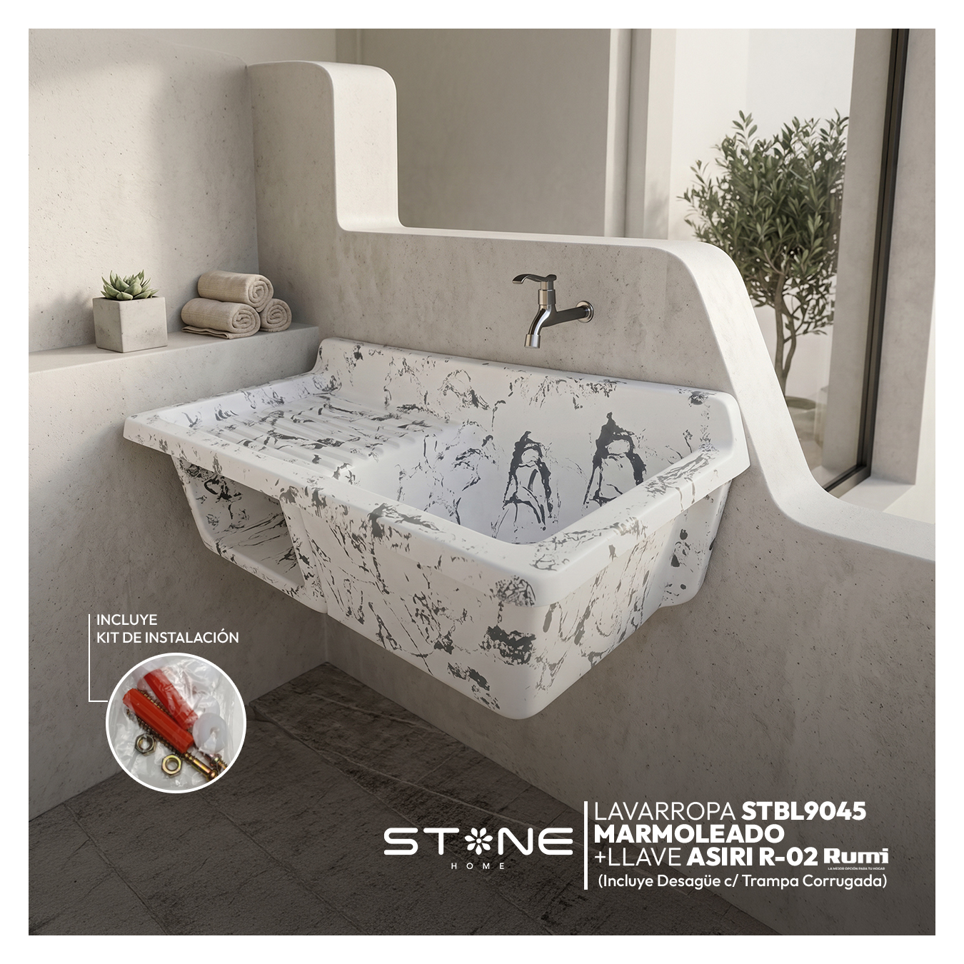 COMBO LAVADERO DE FIBRA DE VIDRIO STBL9045 MARMOLEADO + LLAVE ASIRI R-02 RUMI + DESAGÜE C/TRAMPA CORRUGADA *KIT DE INSTALACIÓN STONE