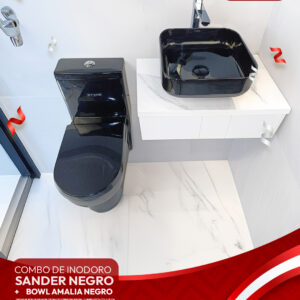 COMBO DE INODORO SANDER NEGRO + BOWL AMALIA NEGRO + DESAGUE POP UP GRANDE CROMADO S/REBOSE P/BOWL CUERPO 10CM COLA 18 CM *INCLUYE TUBO DE ABASTO DE VINIL REFORZADO F1/2*M1/2 BRONCE STONE*
