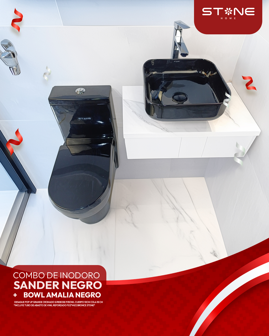 COMBO DE INODORO SANDER NEGRO + BOWL AMALIA NEGRO + DESAGUE POP UP GRANDE CROMADO S/REBOSE P/BOWL CUERPO 10CM COLA 18 CM *INCLUYE TUBO DE ABASTO DE VINIL REFORZADO F1/2*M1/2 BRONCE STONE*