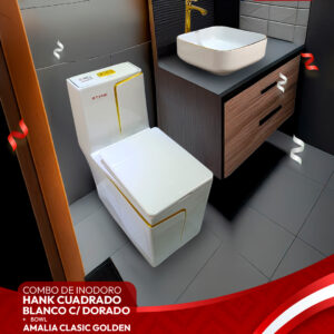 COMBO DE INODORO HANK CUADRADO BLANCO C/ DORADO + BOWL AMALIA CLASIC GOLDEN + DESAGUE POP UP GRANDE DORADO S/REBOSE P/BOWL CUERPO 10CM COLA 18 CM *INCLUYE TUBO DE ABASTO DE VINIL REFORZADO F1/2*M1/2 BRONCE STONE*