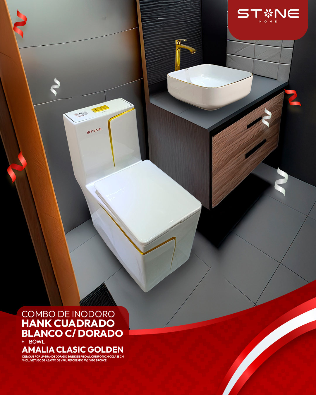 COMBO DE INODORO HANK CUADRADO BLANCO C/ DORADO + BOWL AMALIA CLASIC GOLDEN + DESAGUE POP UP GRANDE DORADO S/REBOSE P/BOWL CUERPO 10CM COLA 18 CM *INCLUYE TUBO DE ABASTO DE VINIL REFORZADO F1/2*M1/2 BRONCE STONE*